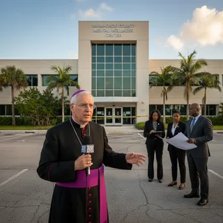 Miami Archbishop Thomas Wenski stands in front of an empty, modern mental health facility building.