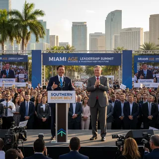 Florida Governor Ron DeSantis and Texas Governor Greg Abbott speak at a Miami event, promoting the South as an economic hub.