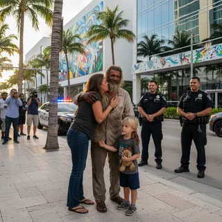 Homeless man with kind expression reunites with grateful young boy in sunlit Miami street.
