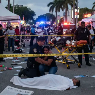 Shooting at Little Haiti festival with casualties, emphasizing police presence and festival setting.