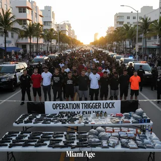 Police officers in Miami Beach apprehending individuals during a spring break law enforcement operation.