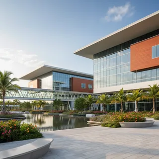Modern building exterior with landscaped grounds, architectural photography, realistic setting.