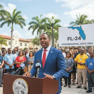 Miami-Dade County Commissioner Oliver Gilbert III stands in a realistic, naturally lit setting, ready for a political announcement.