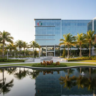 Modern exterior of the University of Miami campus with landscaped grounds.