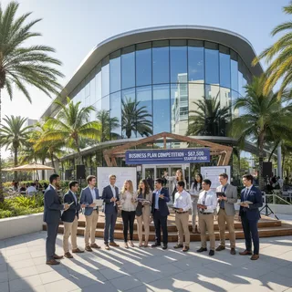 University of Miami students in a modern building exterior setting, competing for startup funds