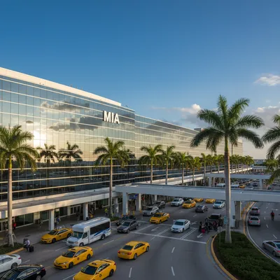 The modern glass and steel facade of the main terminal at Miami International Airport on a bright, sunny day with palm trees in the foreground.