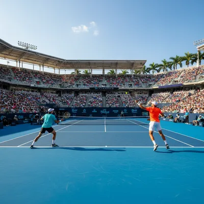 A thrilling tennis match underway on the main Stadium Court during a sunny day at the Miami Open in Hard Rock Stadium, Miami.