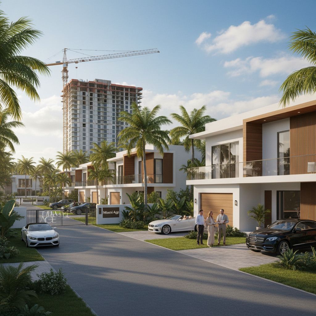 Wide shot of Miami-Dade County skyline with modern homes, showcasing market growth.