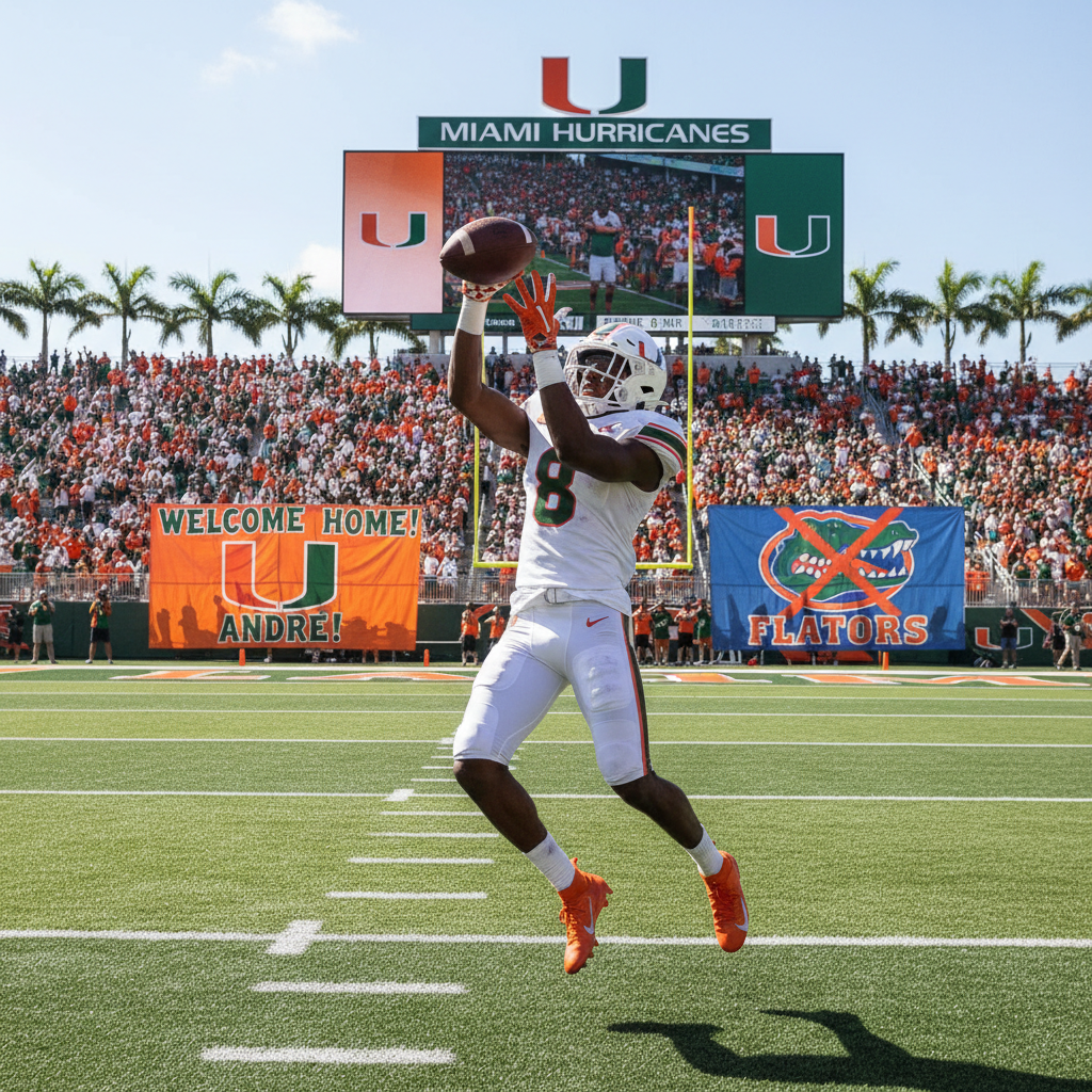 Andre Hyppolite in Miami Hurricanes uniform in a dynamic action shot on a football field.