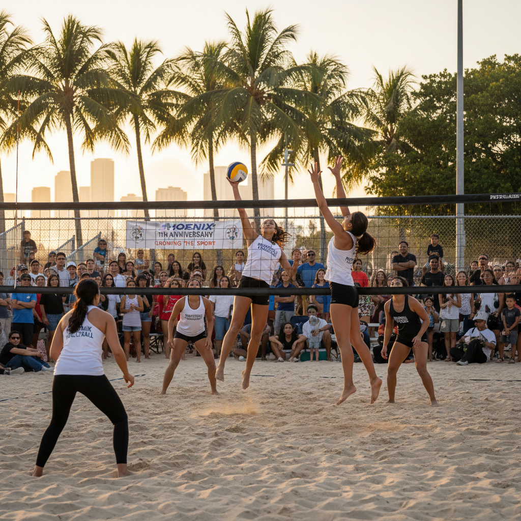 Players leap during a dynamic beach volleyball match at Phoenix Volleyball Miami in Kennedy Park.