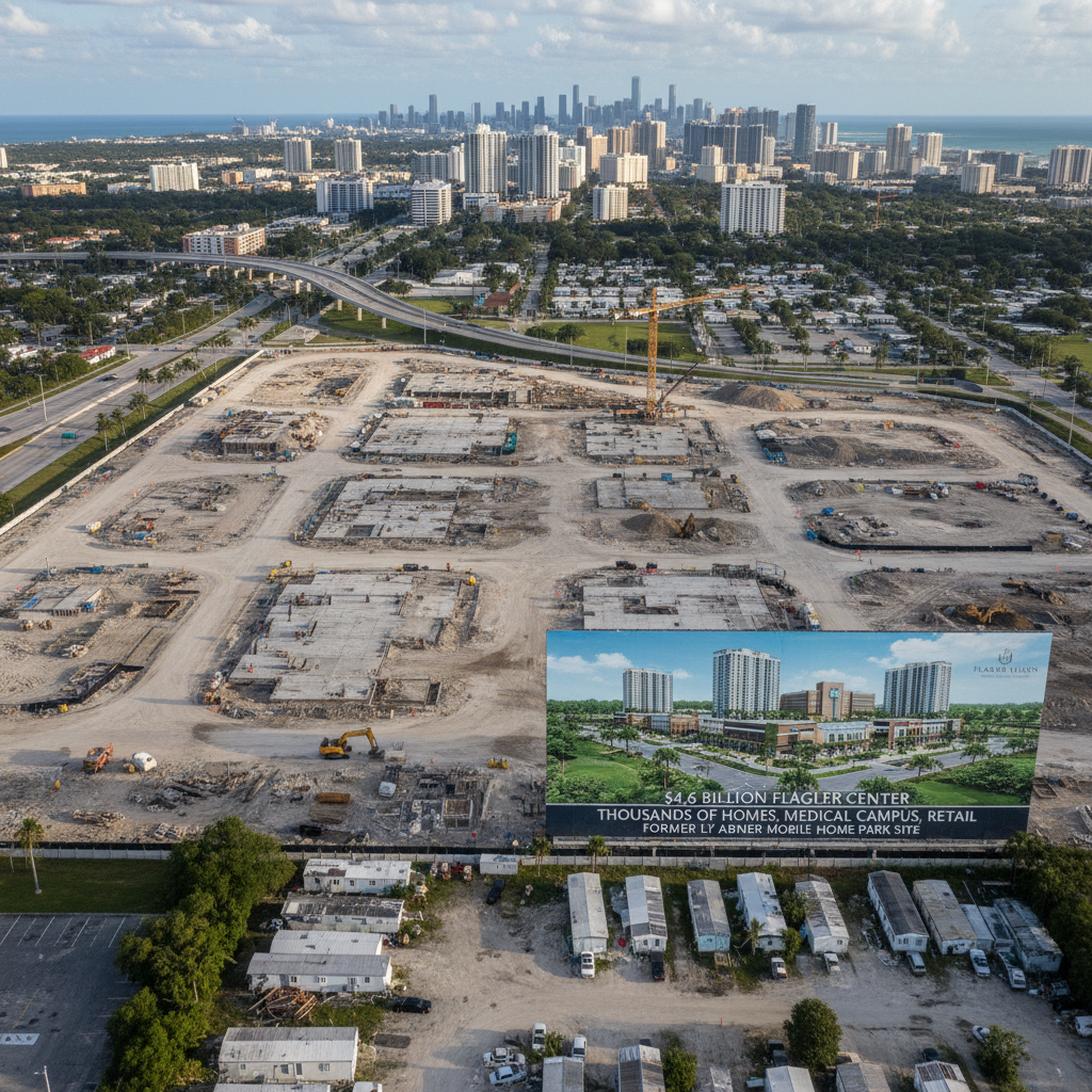 Sprawling Flagler Center development rises on the site of a former mobile home park in Miami Age region.