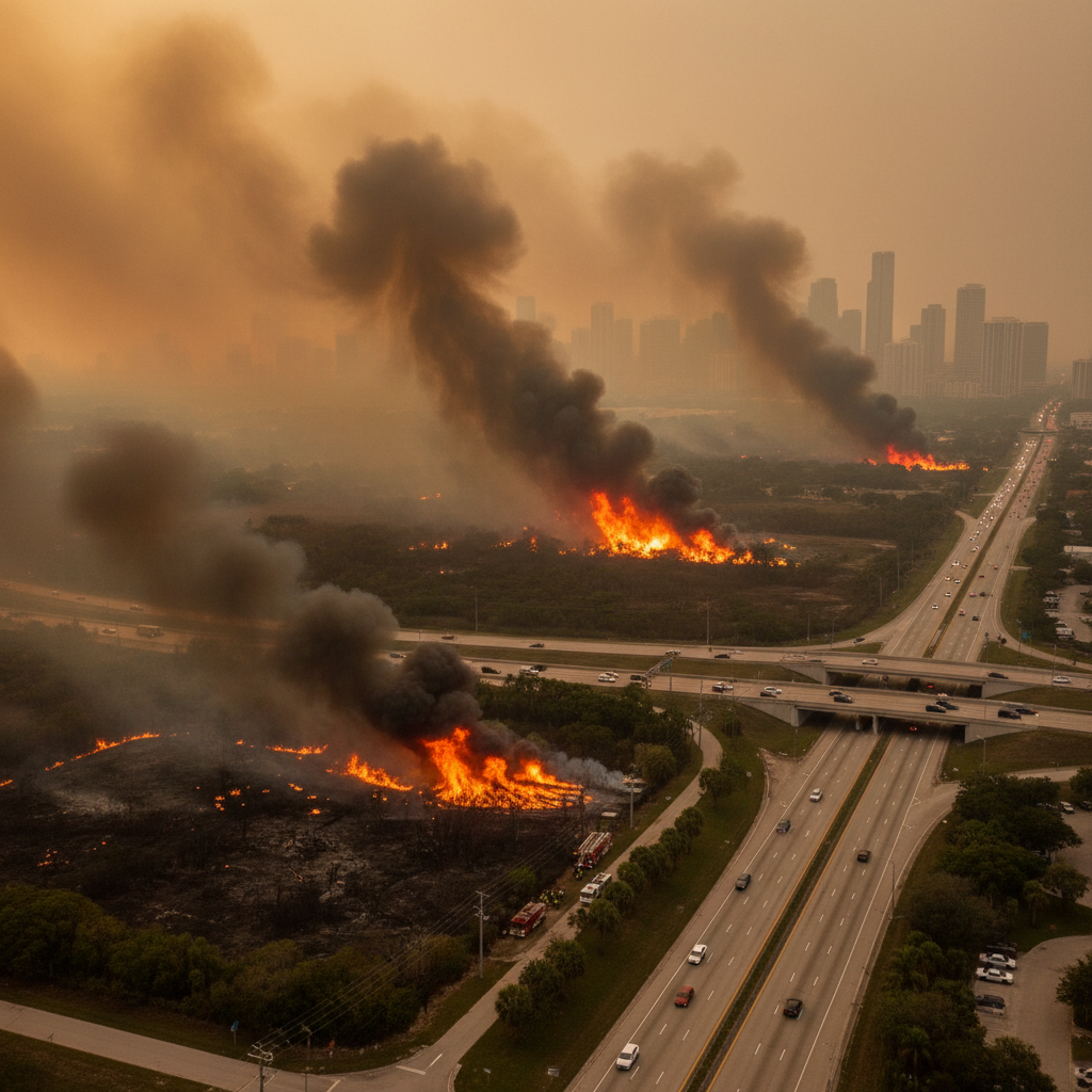 Hazy, smoke-filled sky over Miami-Dade County from multiple, partially contained brush fires.