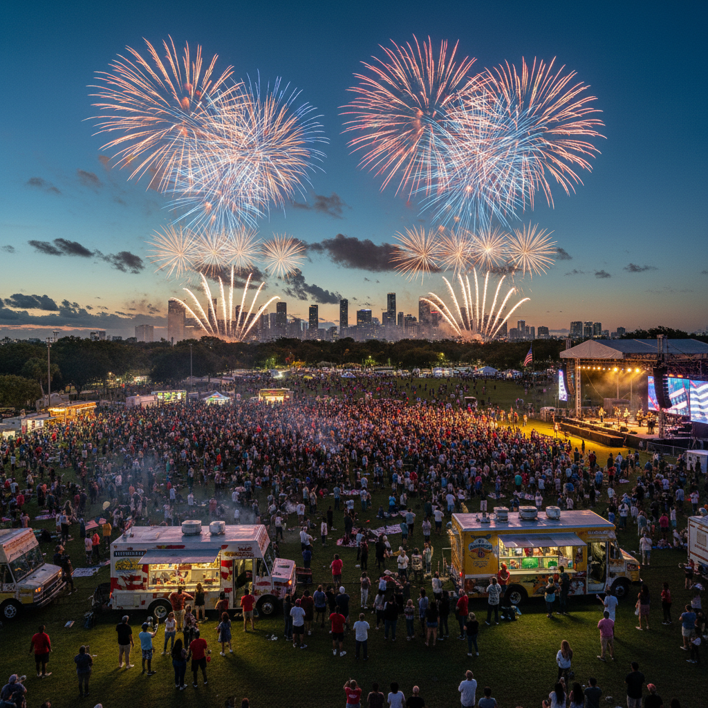 Fireworks illuminate the night sky above Tropical Park during Miami-Dade's largest Fourth of July celebration event.