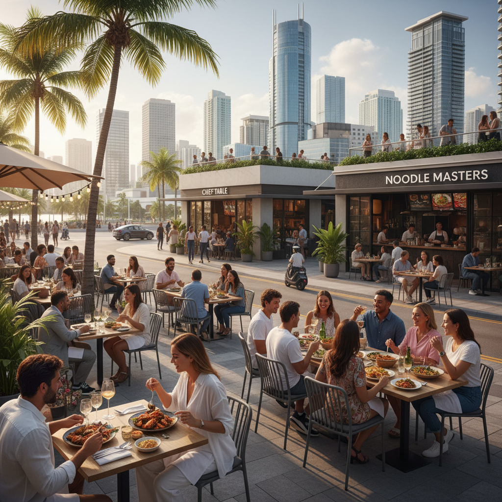 Photorealistic depiction of Miami restaurants in a natural light setting, showcasing diverse culinary experiences for various occasions.