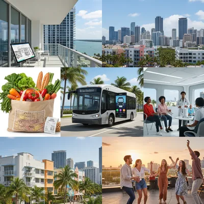 Miami skyline with neighborhoods below, illustrating housing, food, and transportation costs for 2026.
