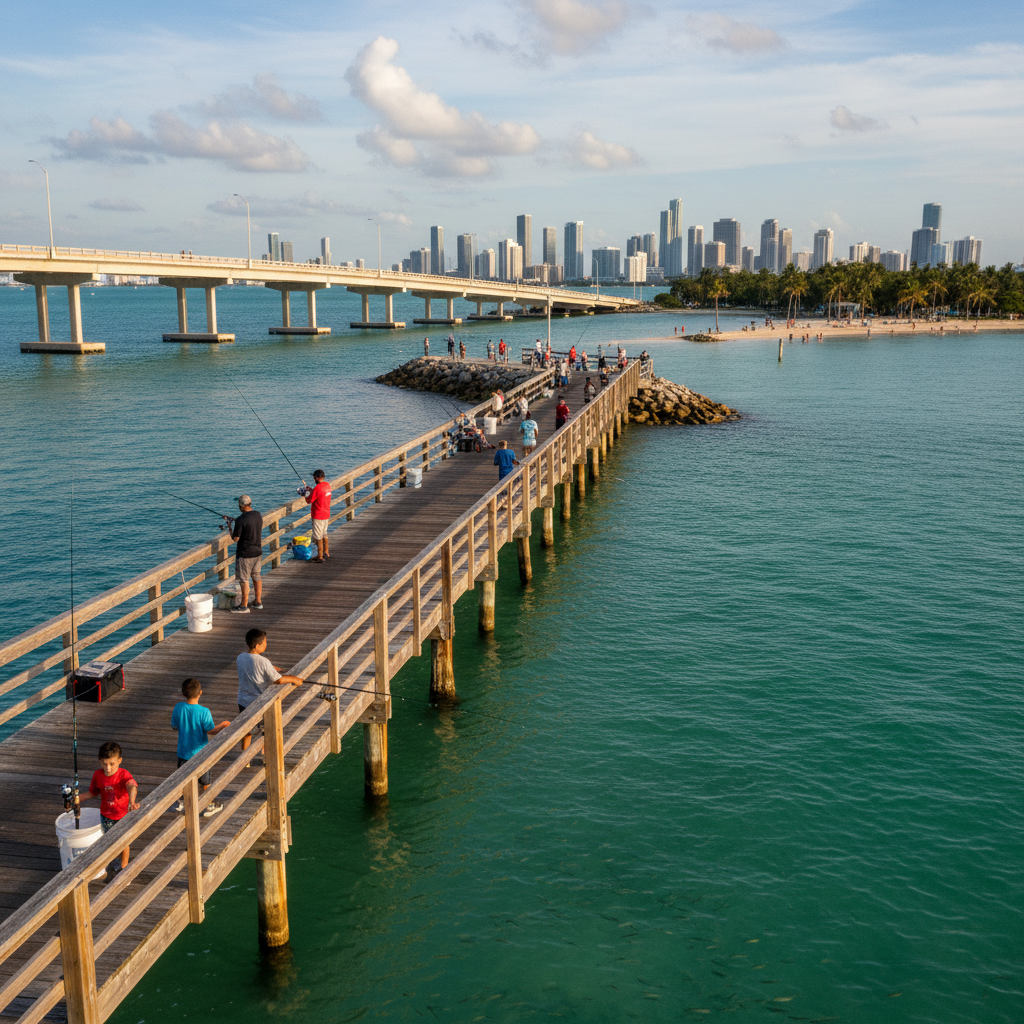 Miami shoreline with fishing line cast from a public pier under natural daylight.