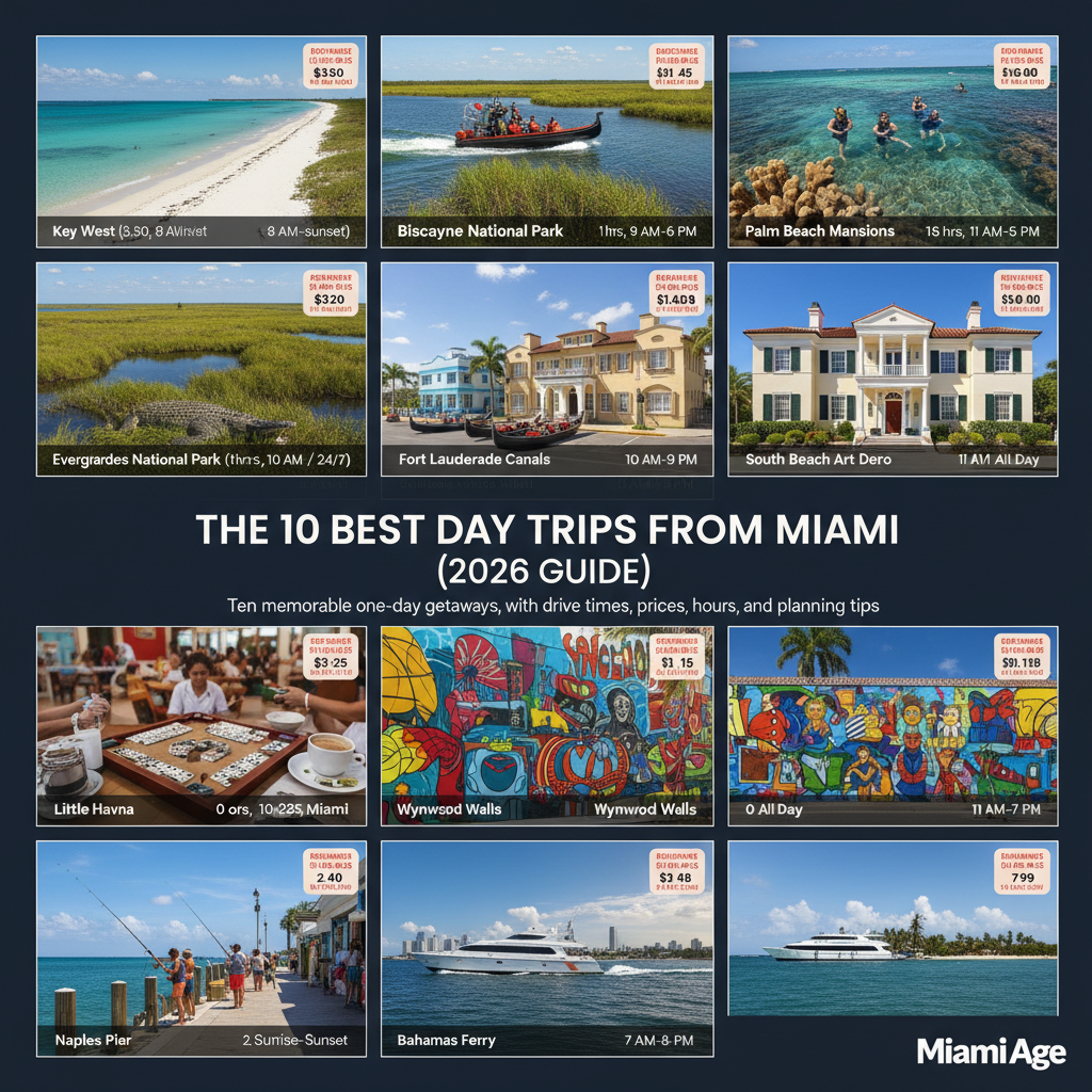Coastal road trip with palm trees and ocean views, showcasing popular day trip destinations from Miami.