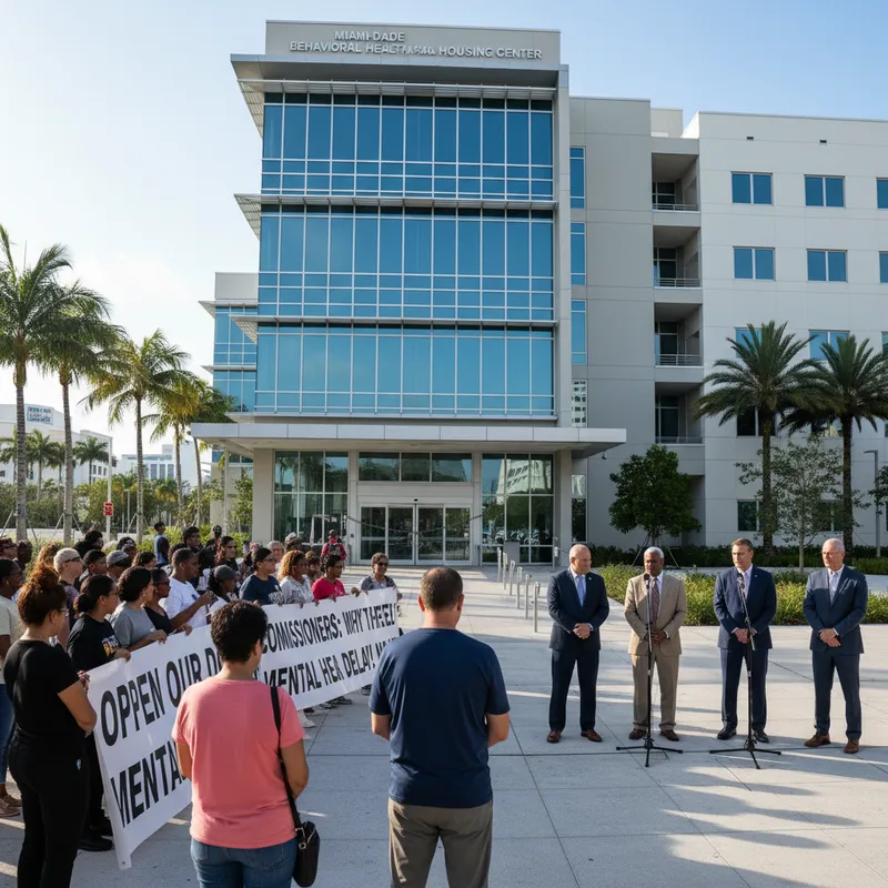 Miami-Dade community advocates stand outside a new, empty mental health facility urging for its opening.