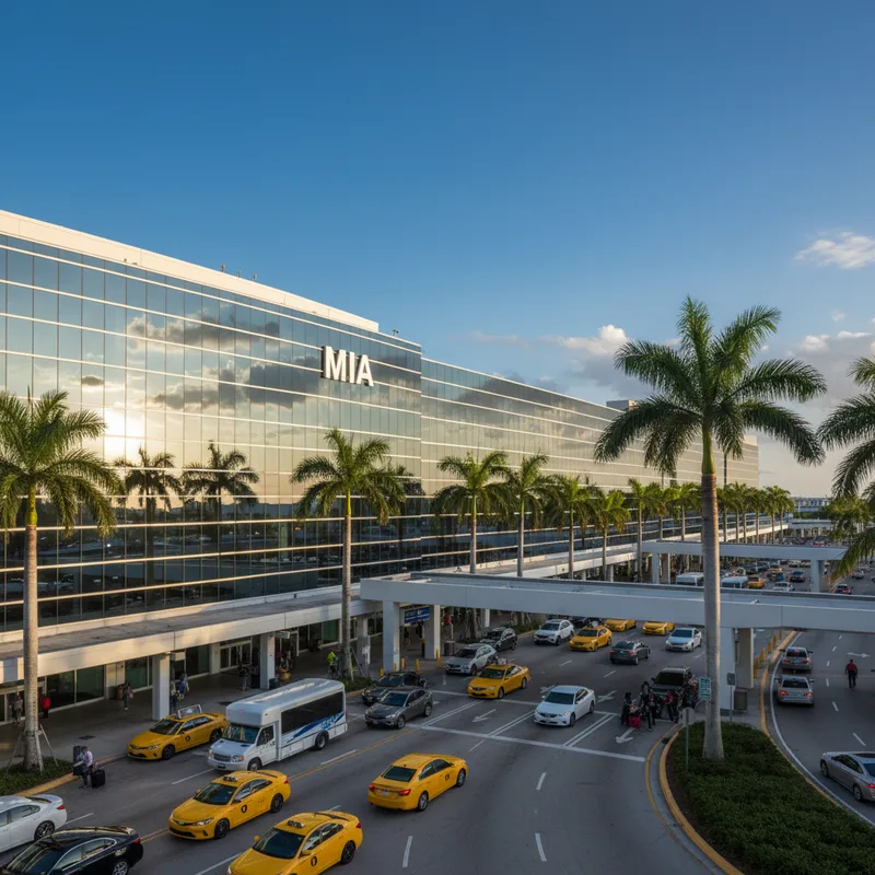 The modern glass and steel facade of the main terminal at Miami International Airport on a bright, sunny day with palm trees in the foreground.