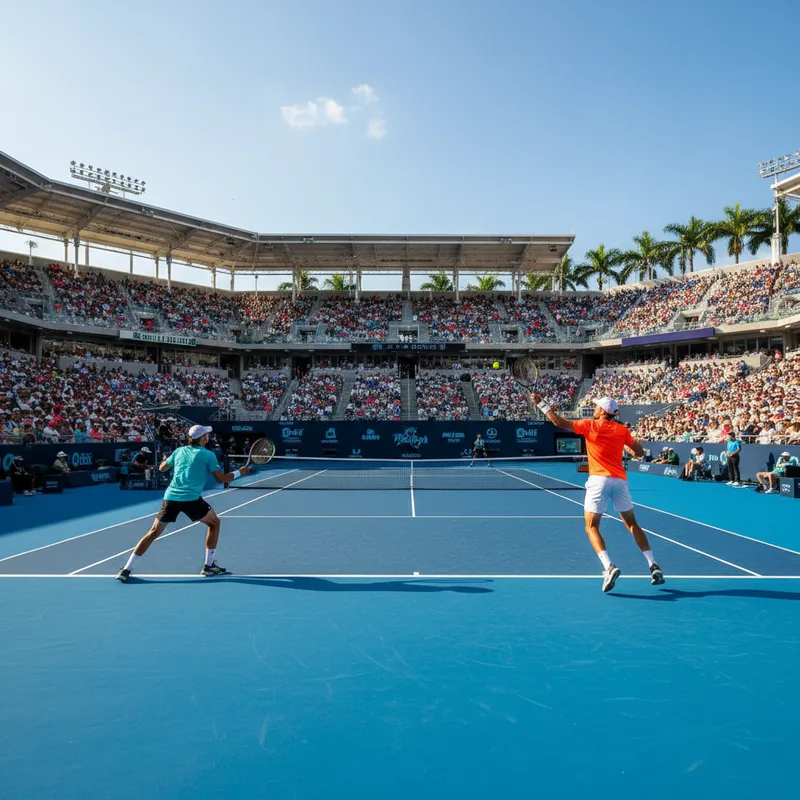 A thrilling tennis match underway on the main Stadium Court during a sunny day at the Miami Open in Hard Rock Stadium, Miami.