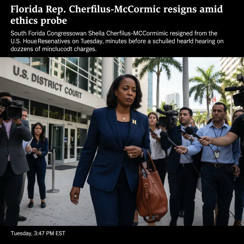 U.S. Representative Sheila Cherfilus-McCormick, a Florida politician, in a professional setting, representing her resignation amid an ethics probe.