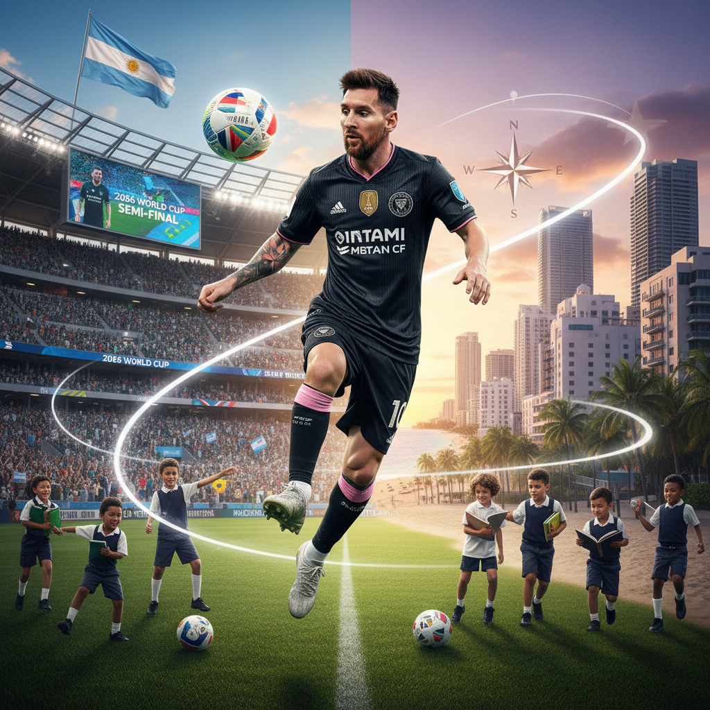 Lionel Messi in action on a soccer field, juxtaposing his World Cup performance with his Miami life.
