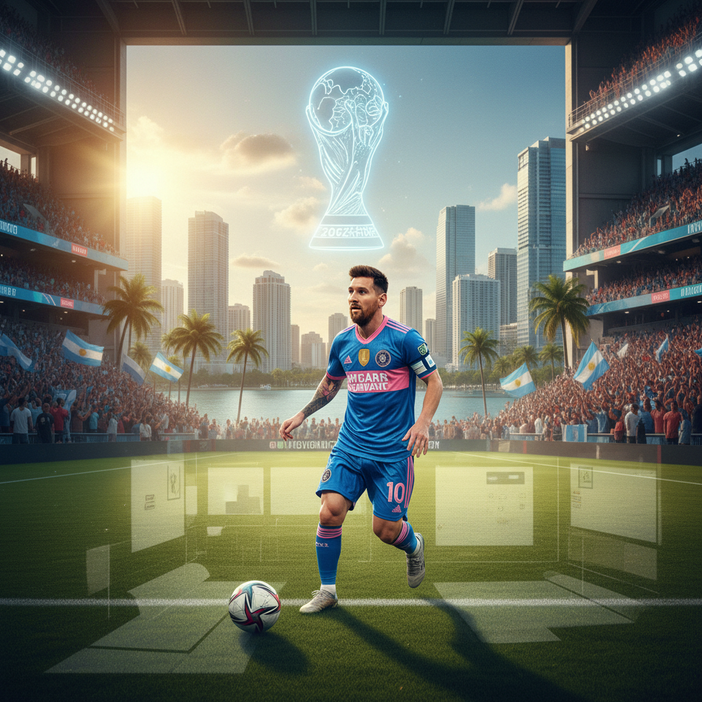 Lionel Messi plays soccer in a stadium, contemplating his World Cup aspirations and life in Miami.