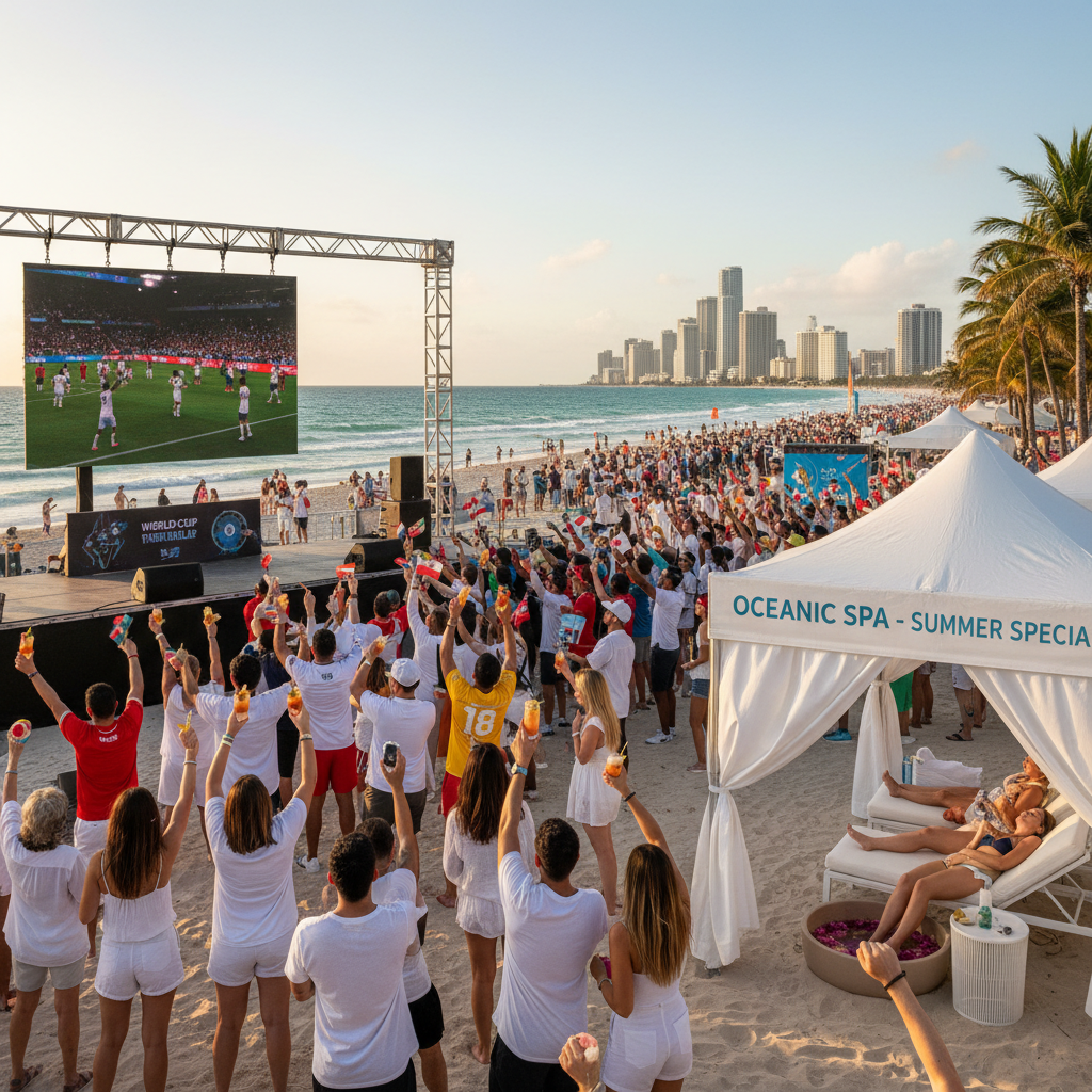 People enjoy summer festivities and World Cup events in a sunny Miami, with spa specials advertised.