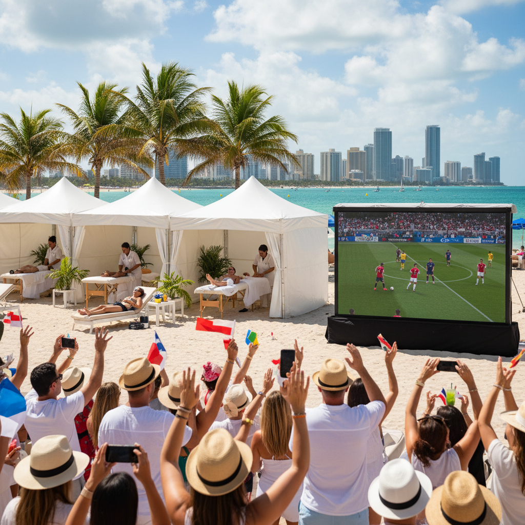 People gather for outdoor World Cup viewing parties and relax at waterfront spas during Miami's summer festivals.