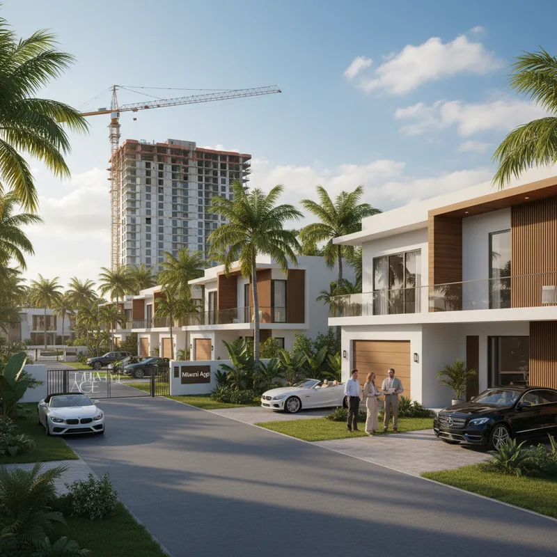 Wide shot of Miami-Dade County skyline with modern homes, showcasing market growth.