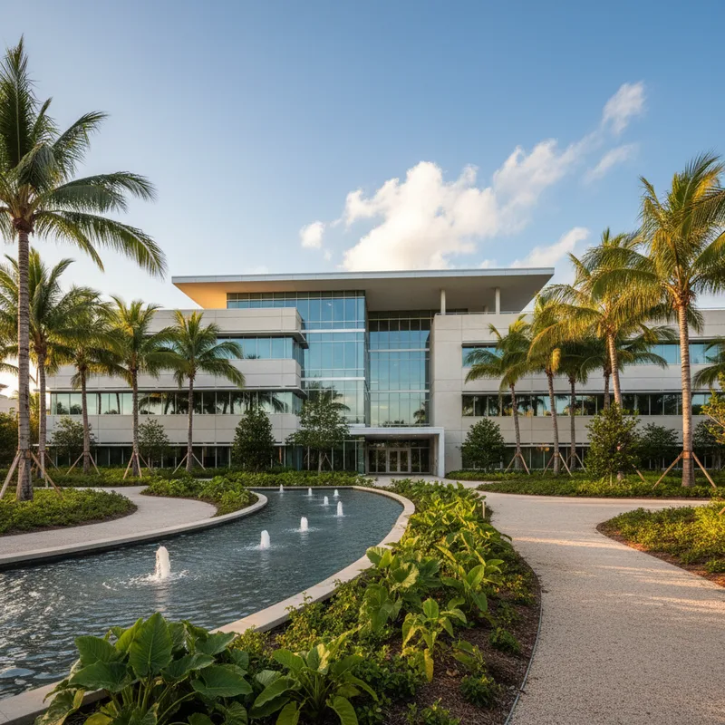 Modern exterior of a school building with landscaped grounds, captured in an architectural photography style.