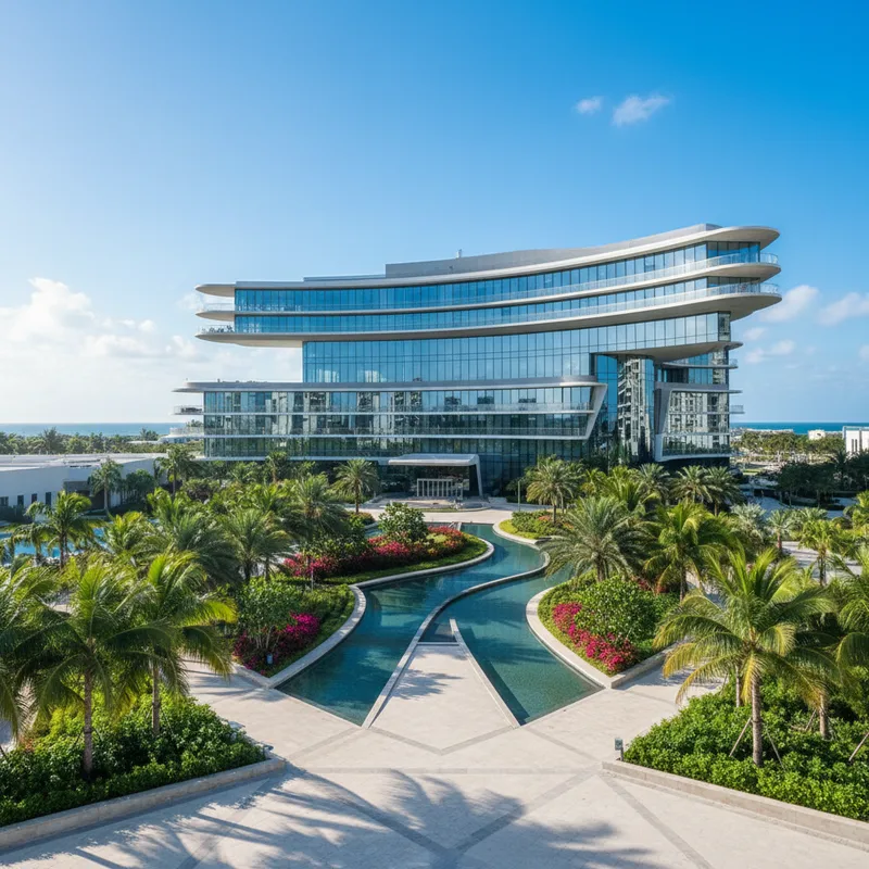 Modern building exterior with landscaped grounds, architectural photography, in the Miami Age region.