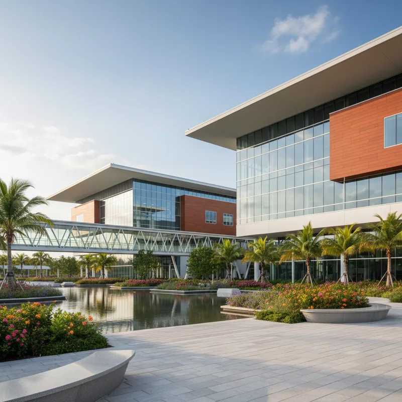 Modern building exterior with landscaped grounds, architectural photography, realistic setting.