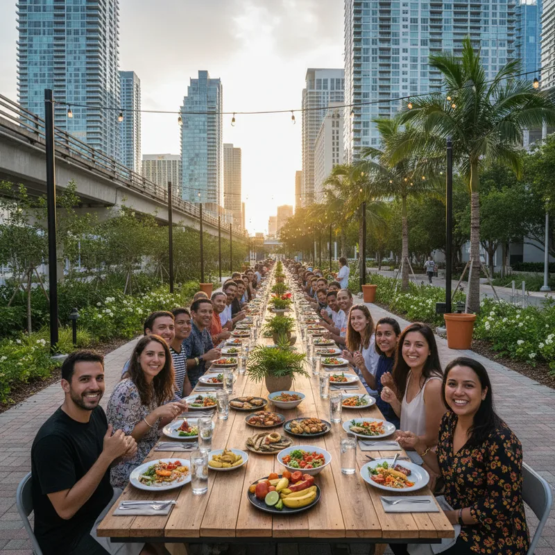 People share a meal at tables arranged along an outdoor path in Miami to encourage community connection.