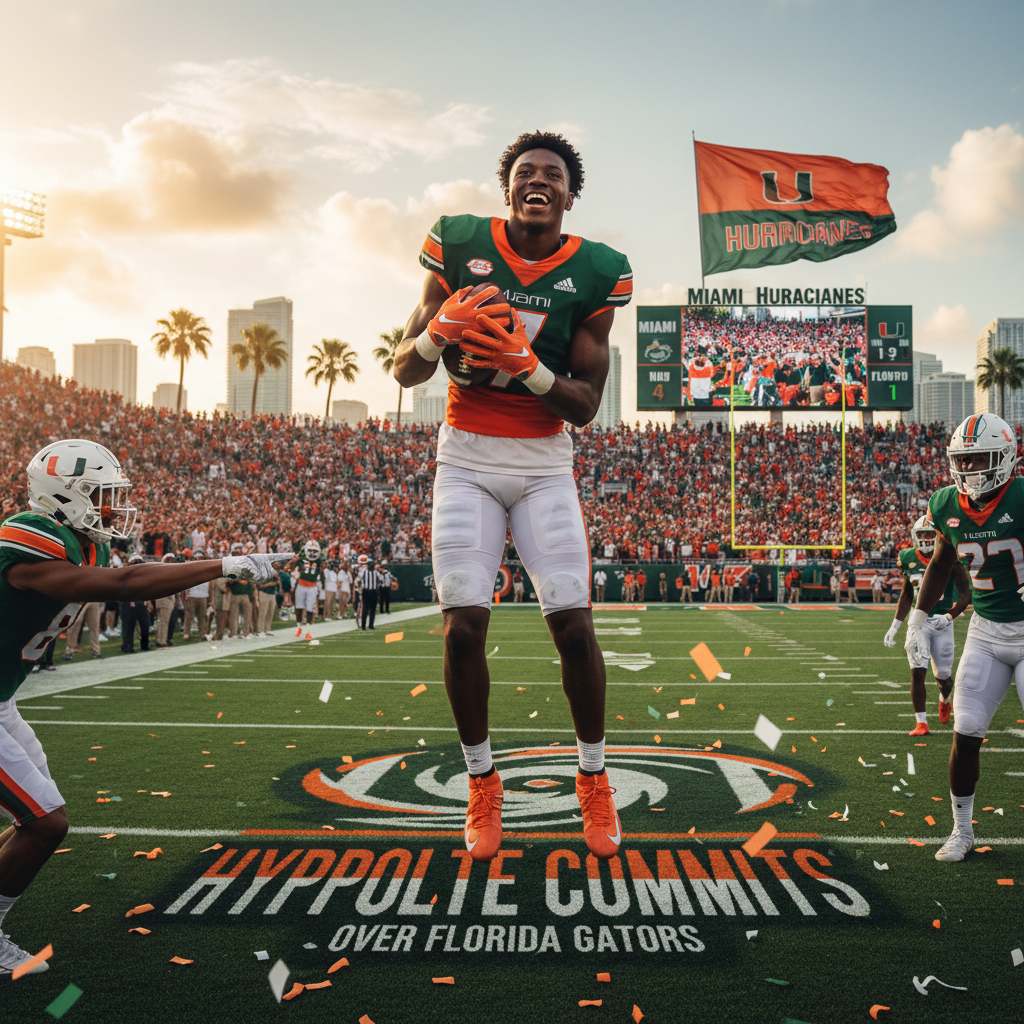 Four-star safety Andre Hyppolite in Miami Hurricanes gear in a dynamic action pose on a football field.