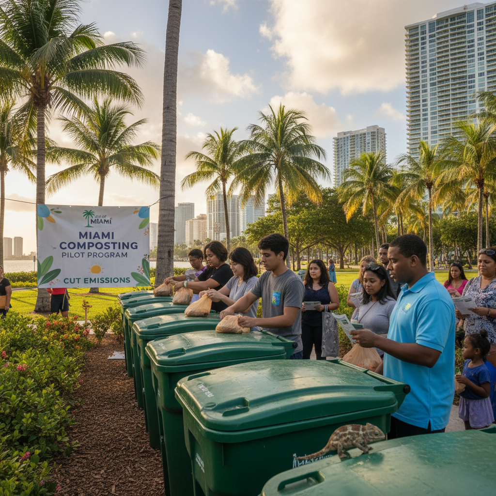 A photorealistic Miami landscape with a composting bin overflowing with food scraps.