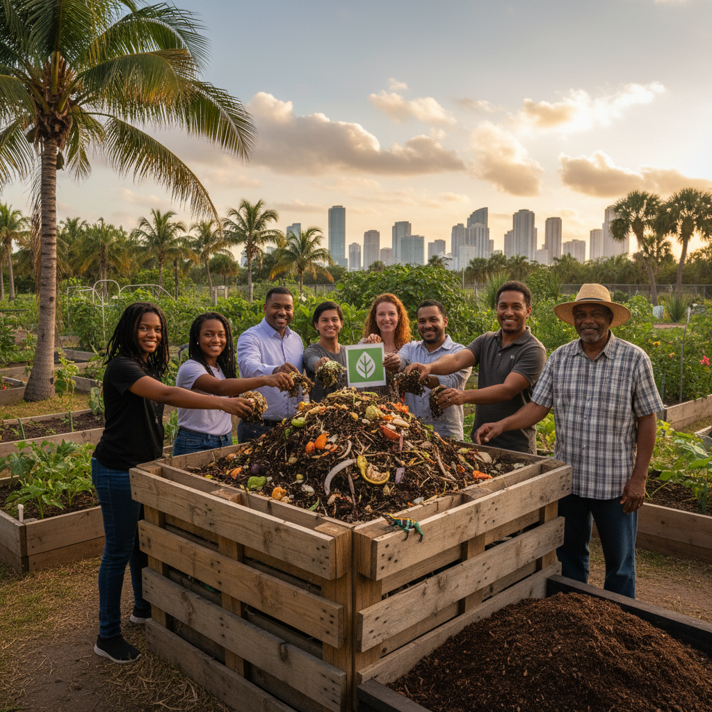 Sunlight hits a green Miami park with a compost bin in the foreground promoting a new city program.