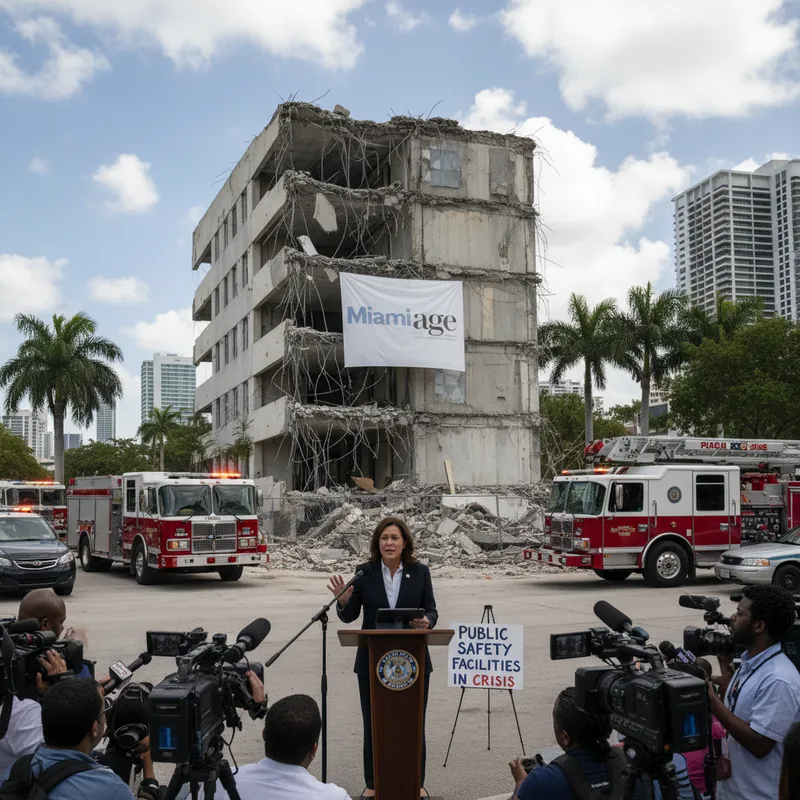 Miami mayor Eileen Higgins in front of a crumbling public safety building proposes bond.