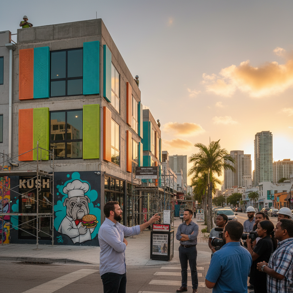 Wynwood restaurant with micro-apartments built above for hospitality workers, featuring an exterior architectural view.