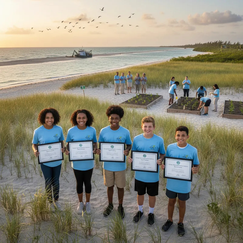 Miami middle school students stand near a beach with a landscape in the background.