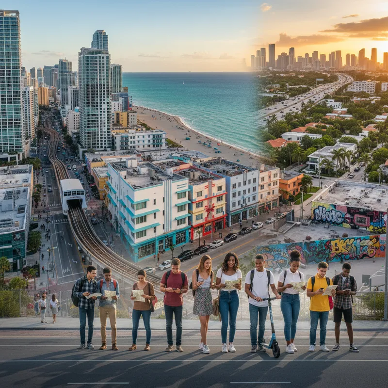 Aerial view of diverse Miami neighborhoods with various housing types under natural sunlight.