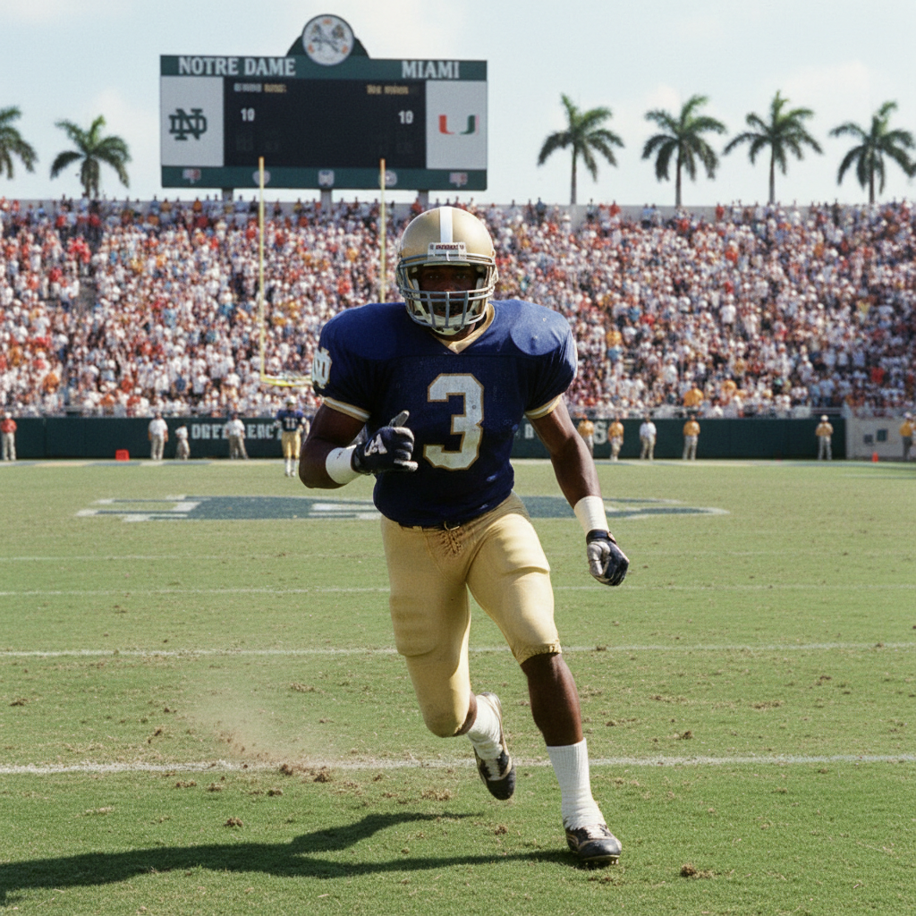 Notre Dame cornerback Leonard Moore in a dynamic action shot on a football field, issuing a warning.
