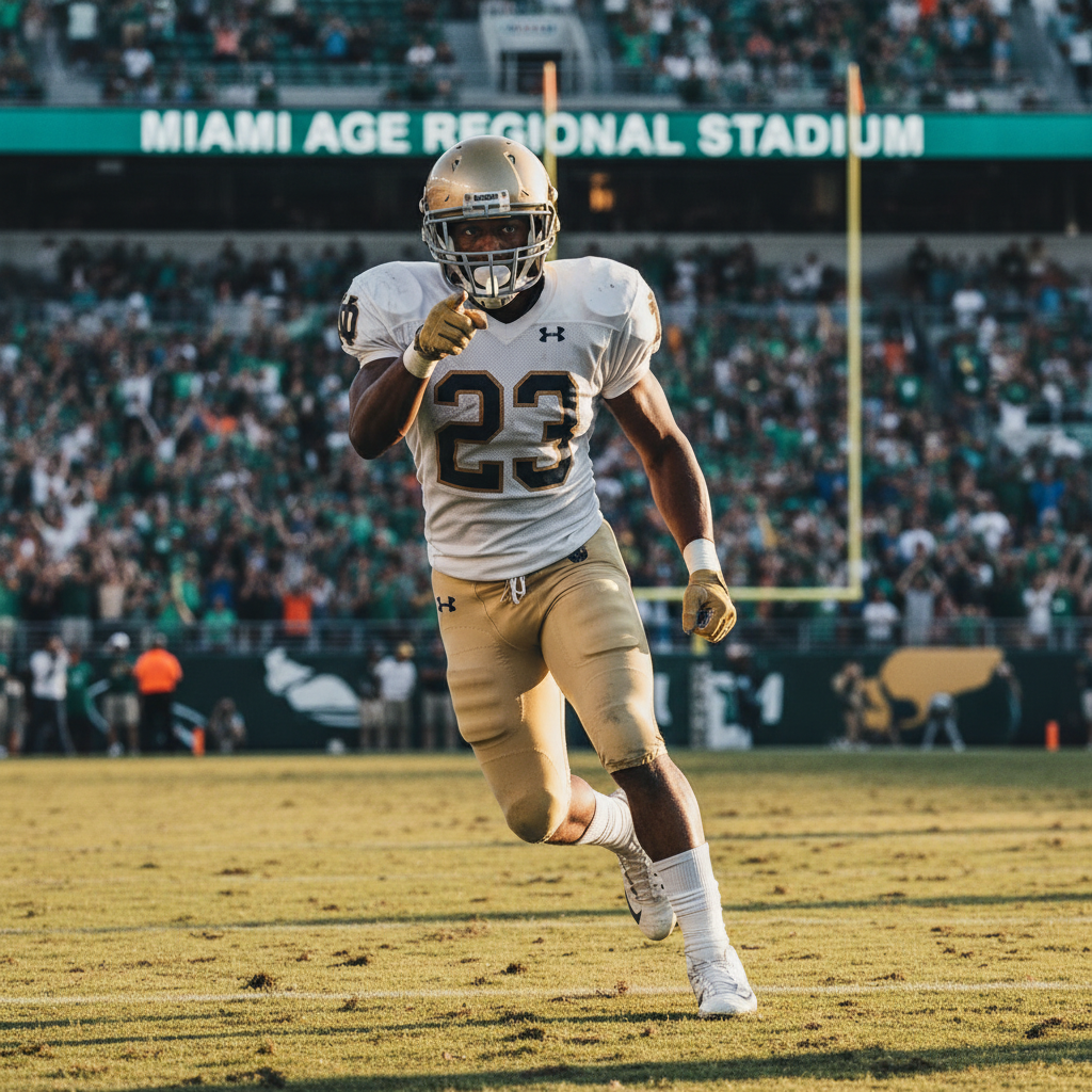 Notre Dame cornerback Leonard Moore in action on a football field, issuing a warning to an opponent.