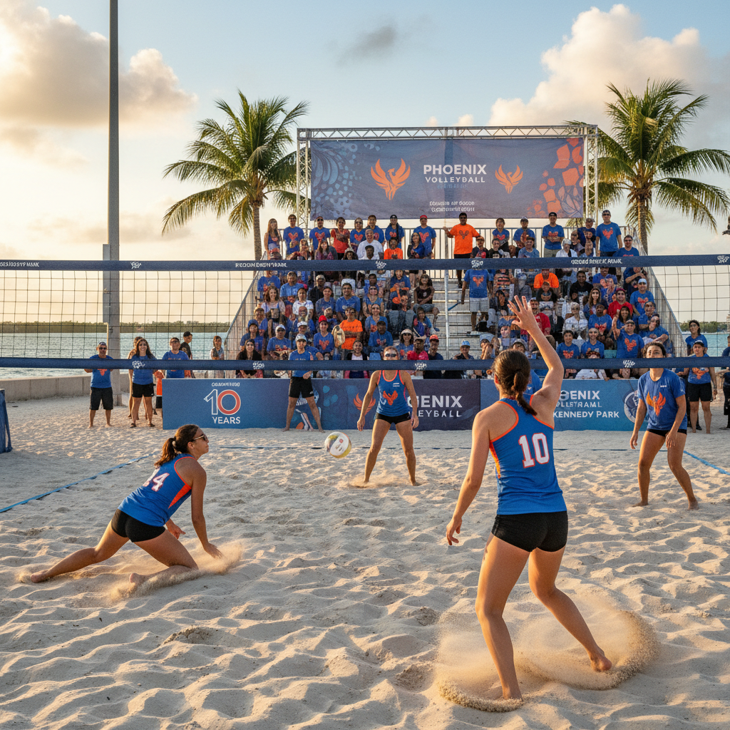 Dynamic action shot of a beach volleyball game in Miami with players, sand, and ocean in the background.