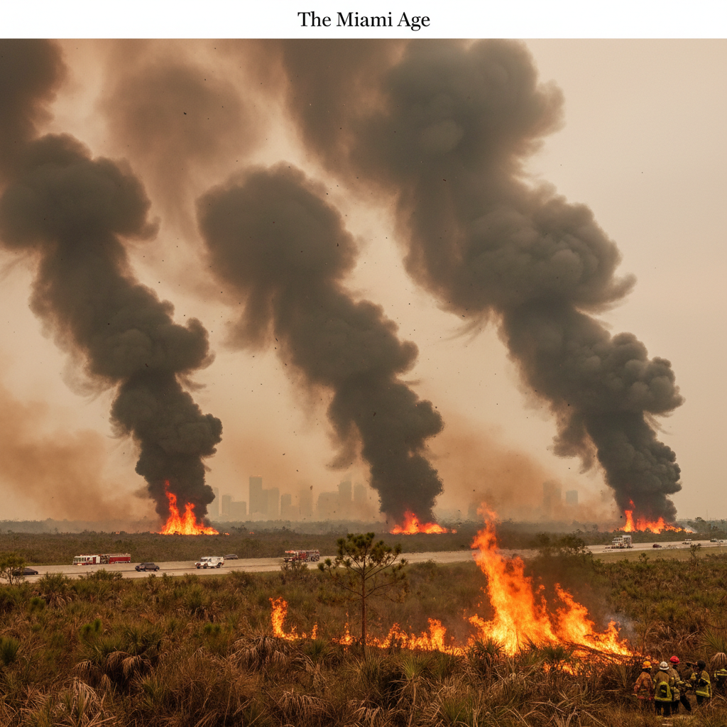 Brush fires burning in Miami-Dade County creating a large plume of smoke overhead.