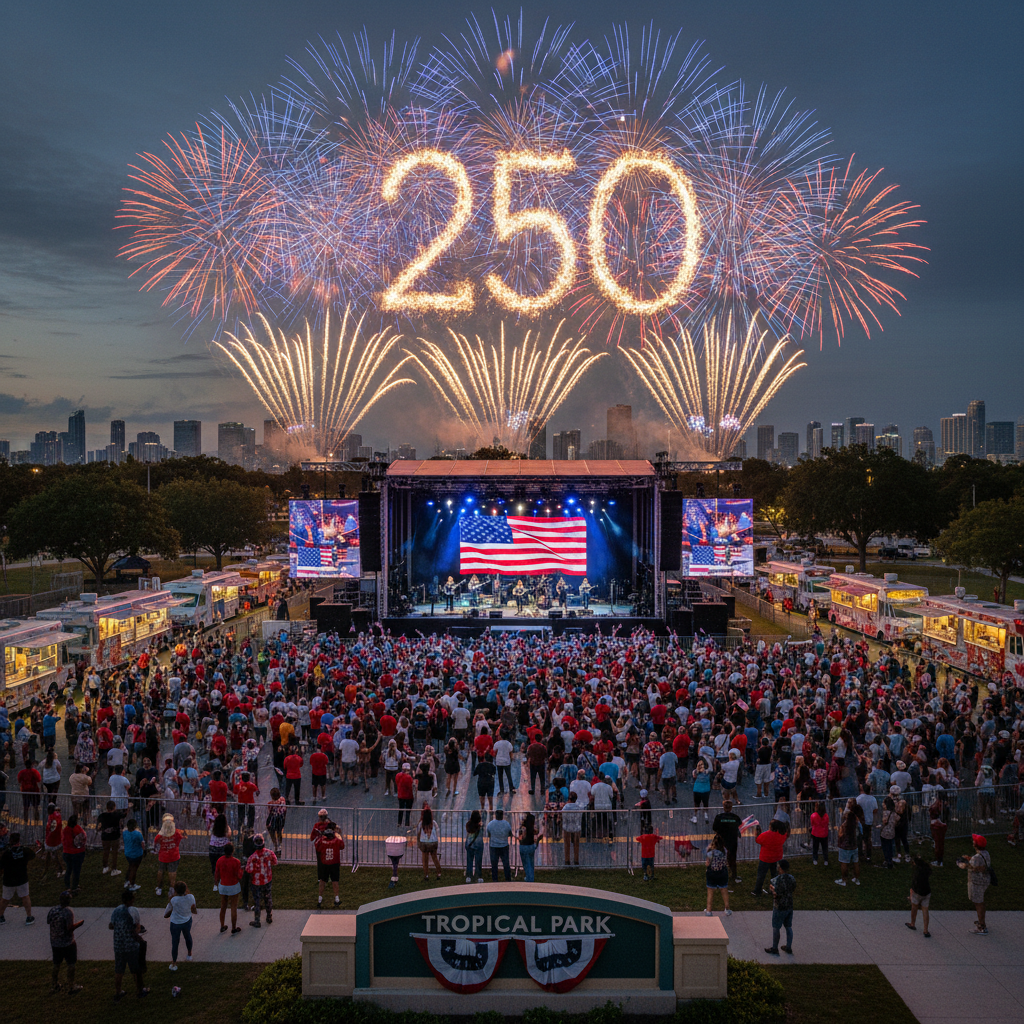 Fireworks explode over Tropical Park during Miami-Dade's largest Fourth of July celebration event.