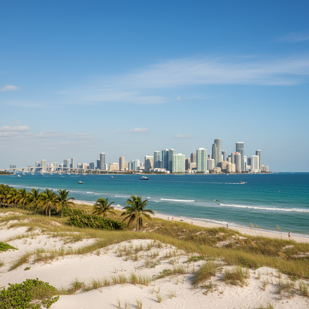 Sunlight illuminates the empty Miami Age region showing buildings and a street. No people are visible.