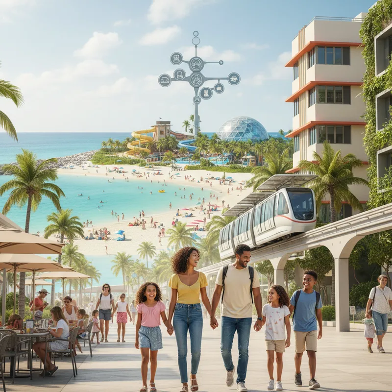 A family enjoys a sunny day at a Miami beach with palm trees and calm ocean waters.