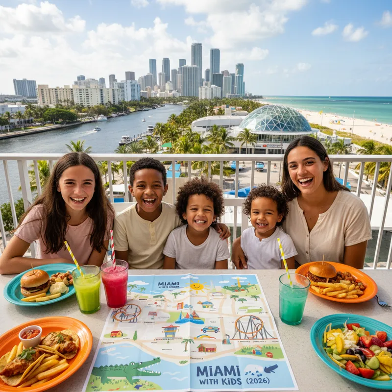 Miami beach with palm trees and clear blue water, suitable for a family vacation.