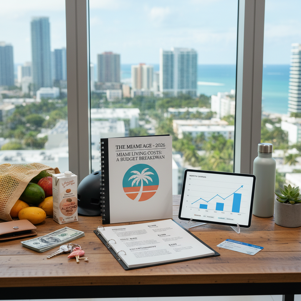 Miami skyline with turquoise water and palm trees, showcasing the city\'s vibrant atmosphere.